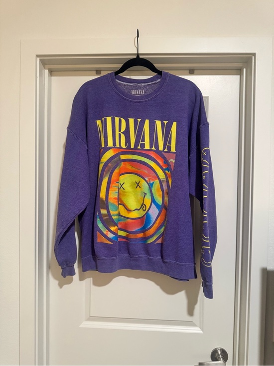 NIRVANA Tops - NIRVANA Purple Crewneck Sweatshirt with Multicolor Smiley Graphic